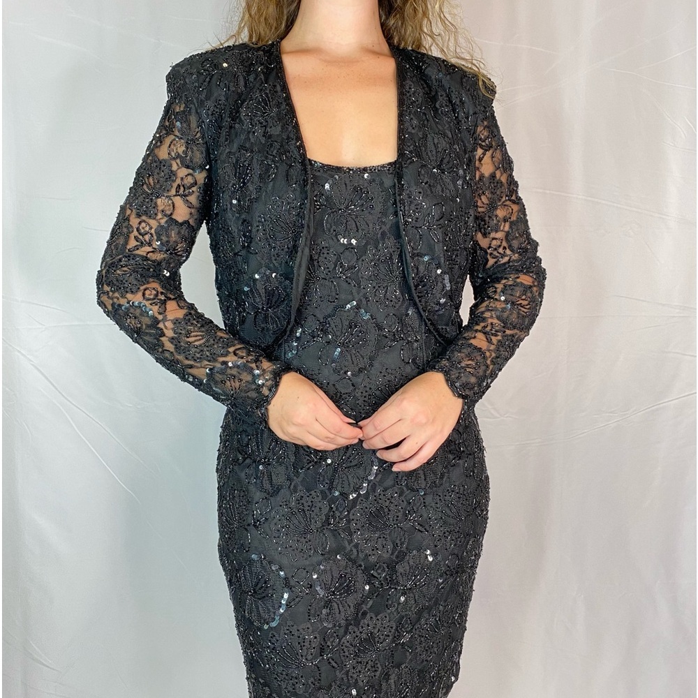 Vintage Stenay black beaded two piece dress set